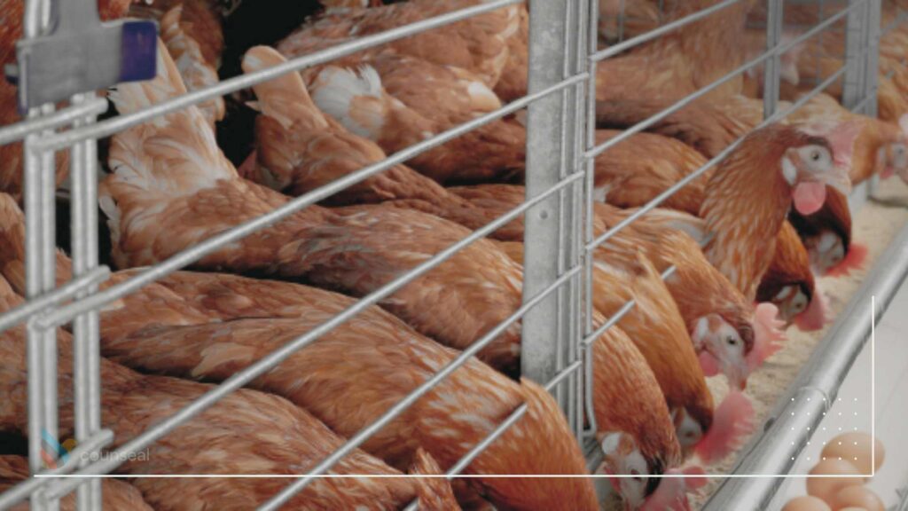 Illustrate  an investor inspecting a commercial poultry farm