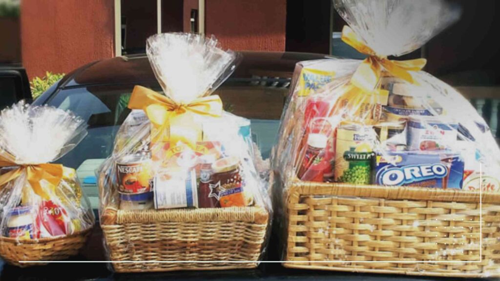 show image of a large gift hamper being distributed