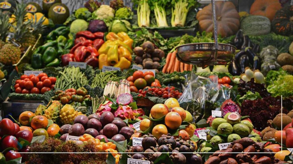An image showing a marketplace of fresh fruits, vegetables and food ingredients.