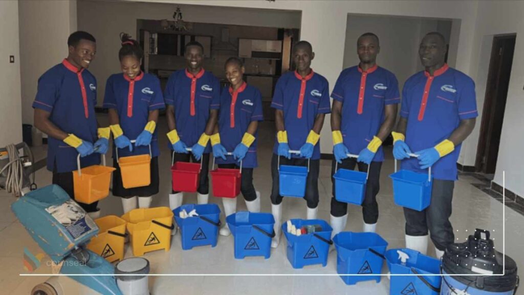  An image of people handling cleaning equipments in a group