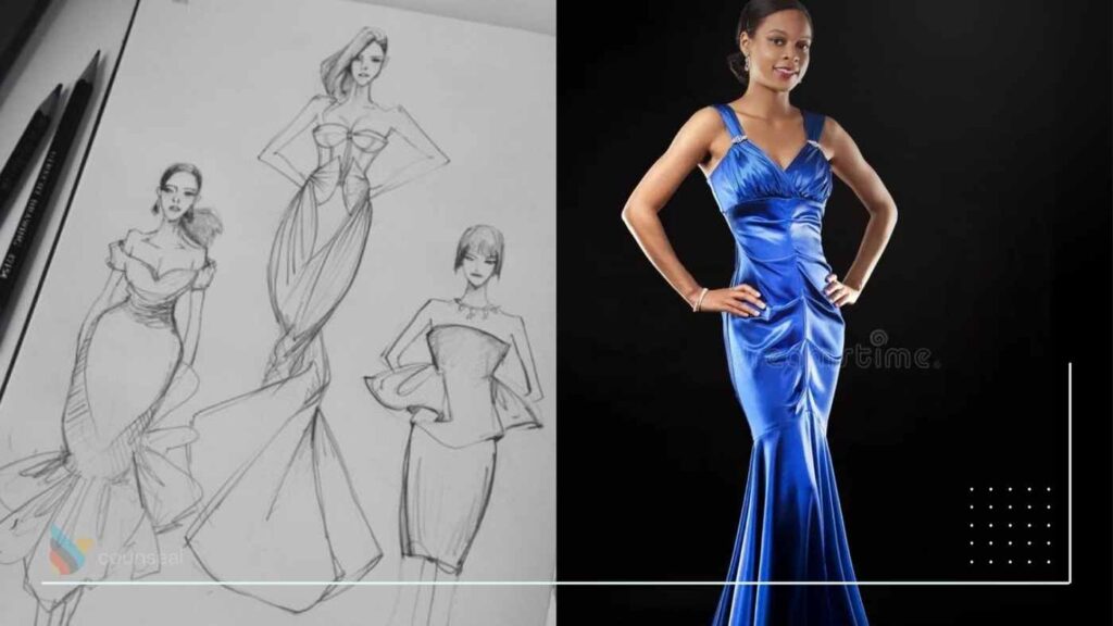 An image of a design sketch side by side with an image of a model