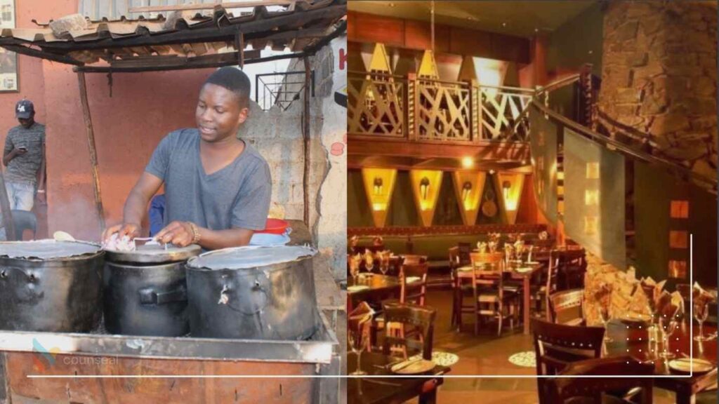 A side by side picture of street food vending  and an elite restaurant