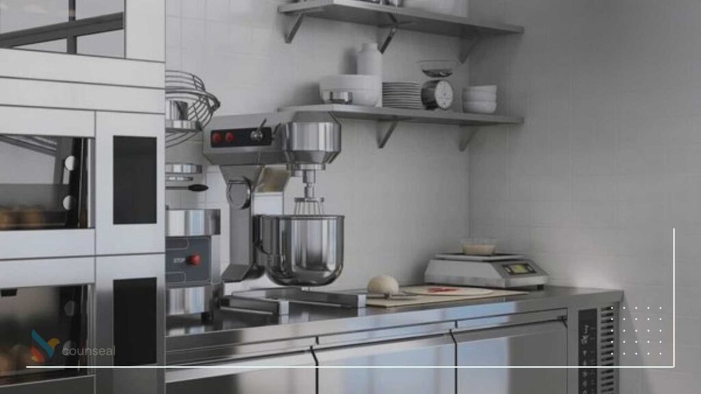 An image of an Industrial kitchen with baking equipments