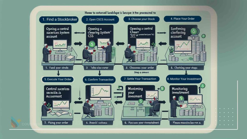 a flowchart outlining the 8 steps of buying shares in Nigeria, from finding a stockbroker to monitoring the investment