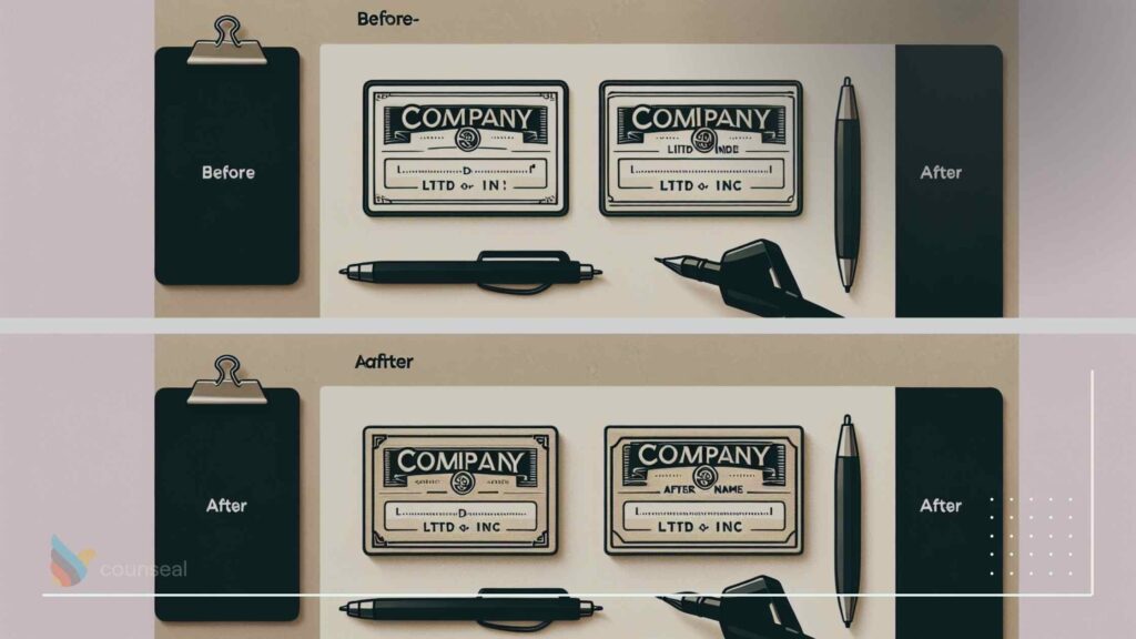 A before-and-after comparison of a business card, showing the impact of adding _Ltd_ or _Inc_ to the company name