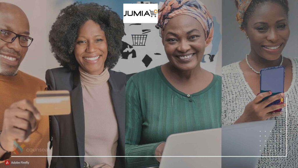 A collage featuring Jumia's logo, a map of Nigeria highlighting its e-commerce reach, and images of diverse Nigerian consumers shopping online