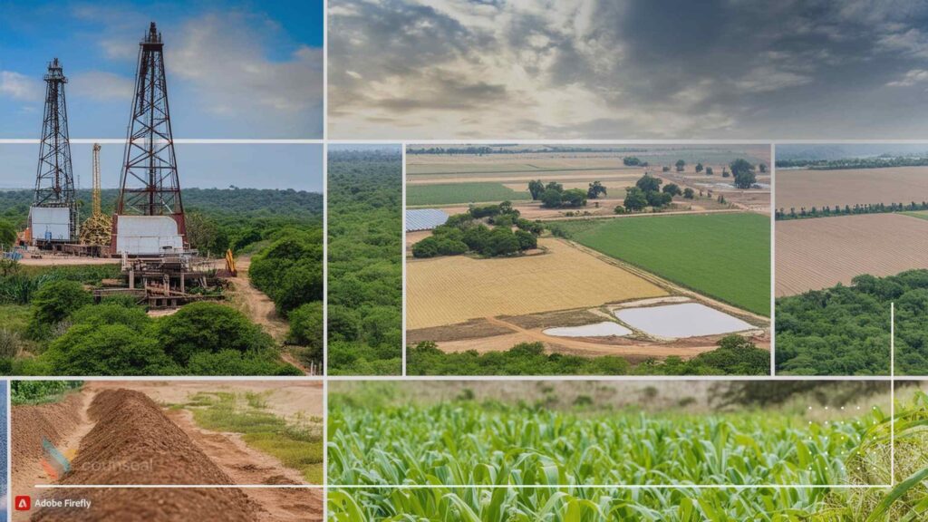 A collage showcasing Nigeria's diverse natural resources, including oil rigs, agricultural landscapes, mineral deposits, and timber forests