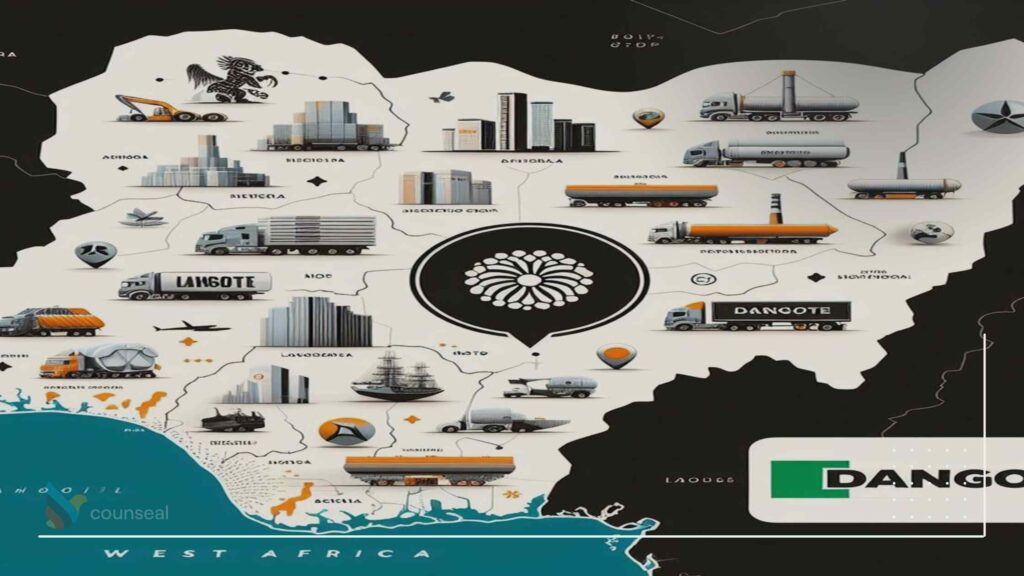 A map of West Africa highlighting Nigeria's central location, with icons representing the Dangote Group's presence and influence in the region