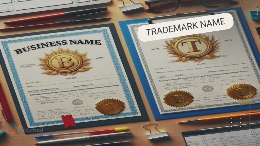 A side-by-side comparison of a business name certificate and a trademark registration document, highlighting the key differences between the two