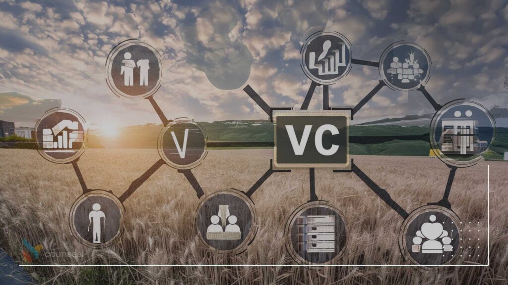 A diagram illustrating the key stages of the VC investment process, from seed funding to growth and exit, with icons representing the different phases. The diagram should also highlight the criteria for selecting the right VC partner