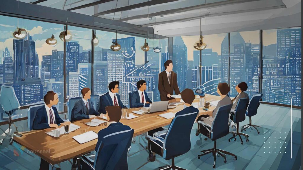 An illustration depicting a meeting room setup for an AGM, with shareholders, directors, and key company information