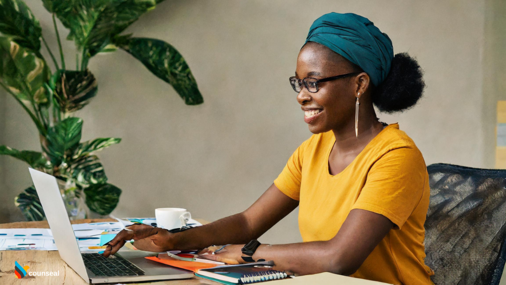 nigerian startup brand identity Nigerian entrepreneur at a drafting table surrounded by various brand elements floating around them