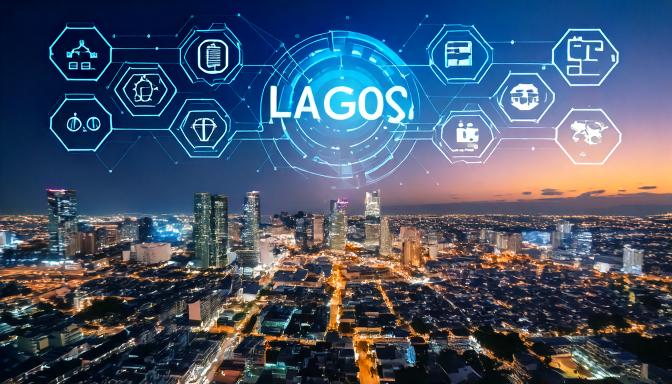 Firefly Image suggestion Illustration of Lagos skyline with icons representing various tech sector