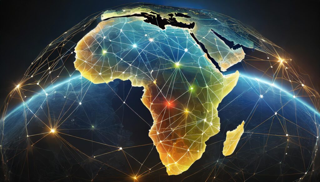 Firefly Featured Image A modern digital illustration showing interconnected nodes forming Africas