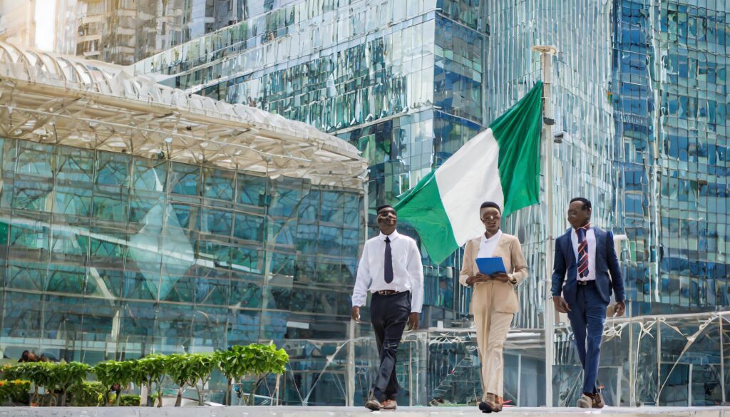 Firefly Featured Image Modern glass office building in Lagos business district with African profes